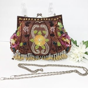 Beaded Brown Satin Frame Evening Bag Kisslock Closure Two Chain Handles NWOT